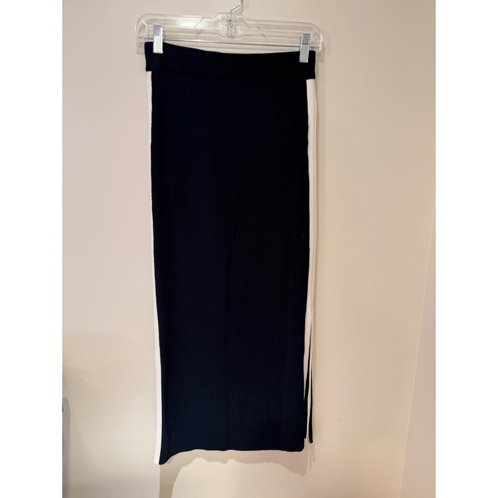 Zara Knit Navy Blue Ribbed Maxi Skirt with White Side Stripe Slit Size Small